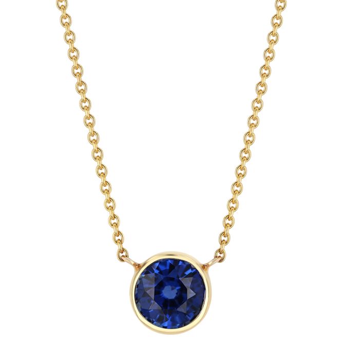 Bezel Set Round Sapphire Solitaire Pendant in Yellow Gold, 18"