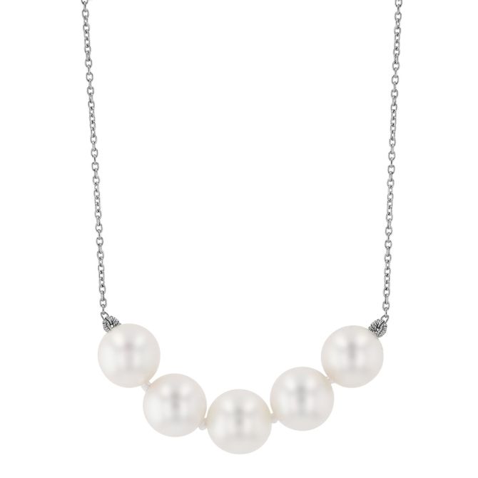 TARA Pearls White Cultured Pearl 5 Stone Necklace in White Gold, 18", 7 mm