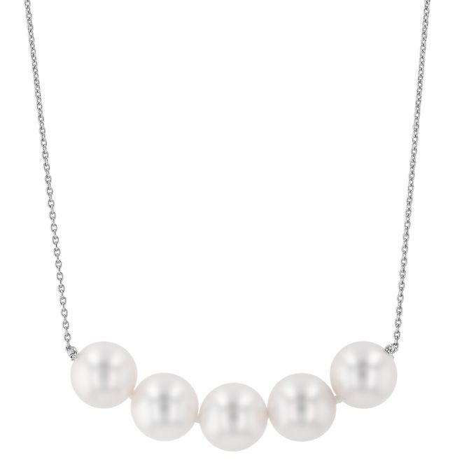 TARA Pearls White Cultured Pearl 5 Stone Necklace in White Gold, 18", 8 mm