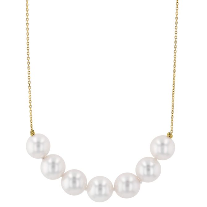 TARA Pearls White Cultured Pearl 7 Stone Necklace in Yellow Gold, 18", 8 mm