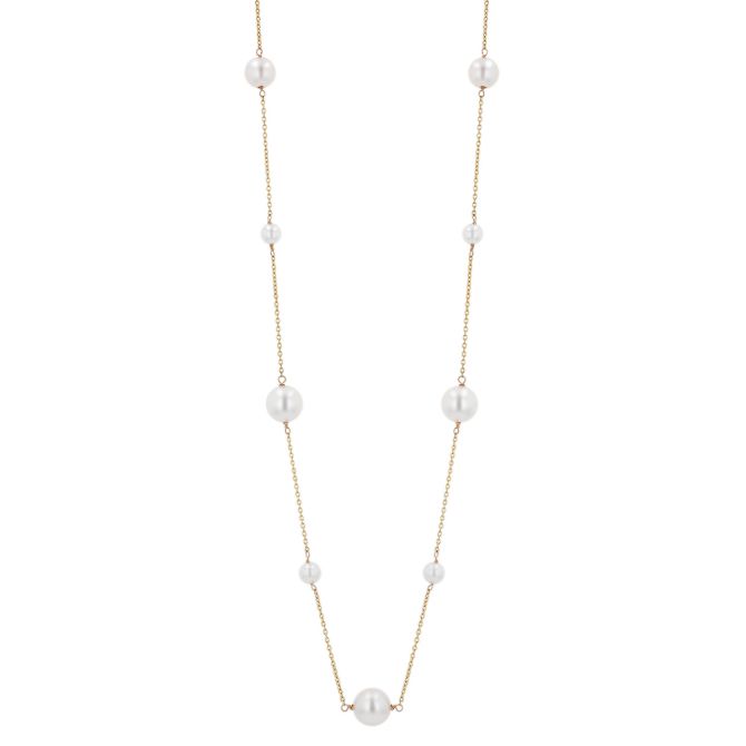 TARA Pearls White Cultured Pearl Station Necklace in Yellow Gold, 20"