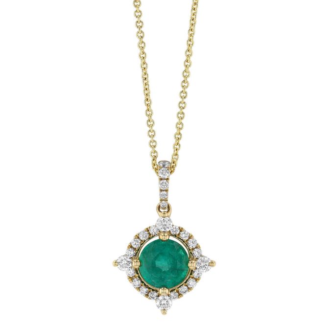 Round Emerald & Diamond Pointed Halo Pendant in Yellow Gold, 18"
