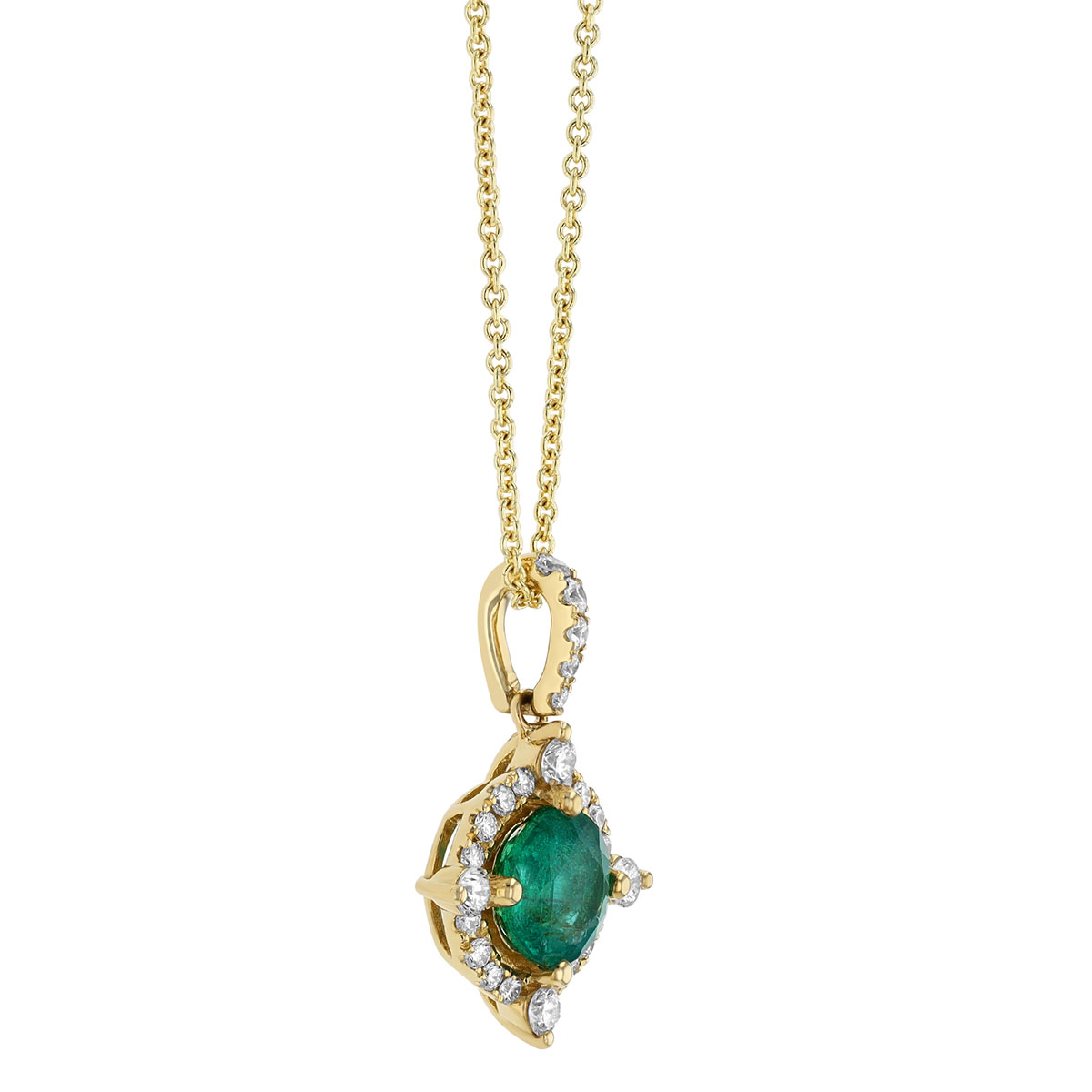Round Emerald & Diamond Pointed Halo Pendant in Yellow Gold, 18
