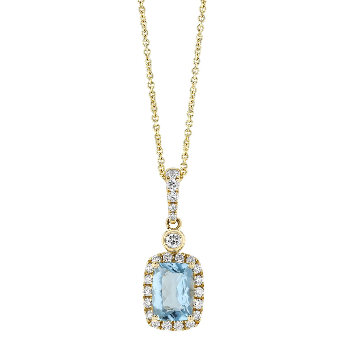 Cushion Cut Aquamarine & Diamond Halo Pendant in Yellow Gold, 18