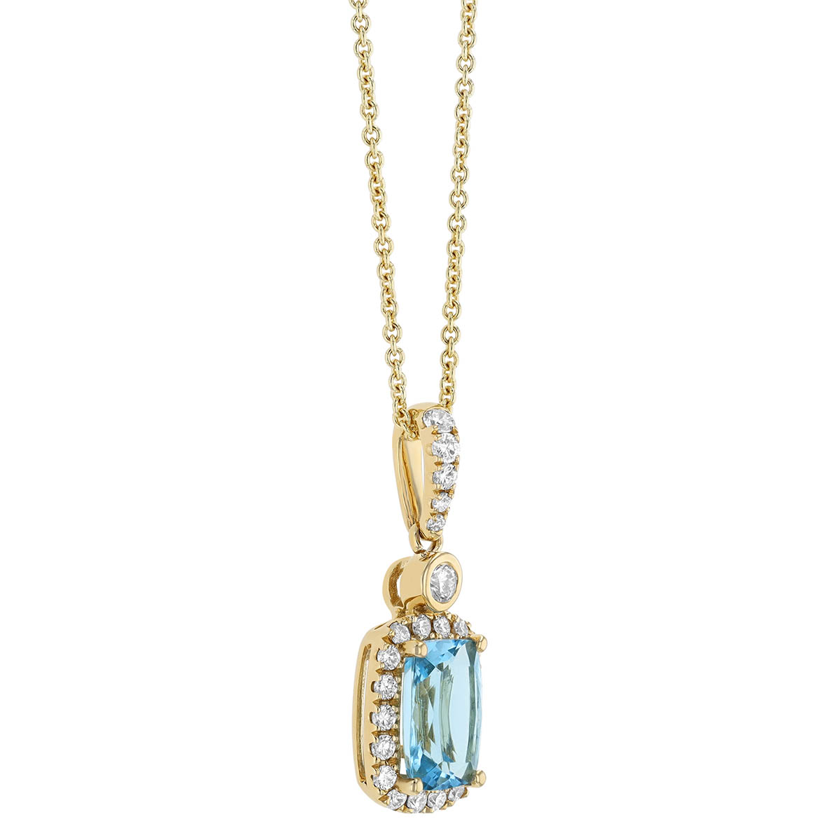 Cushion Cut Aquamarine & Diamond Halo Pendant in Yellow Gold, 18