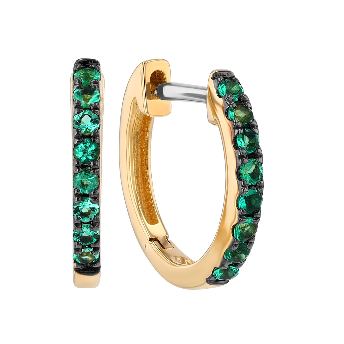 Emerald Huggie Hoop Earrings in Yellow Gold & Black Rhodium