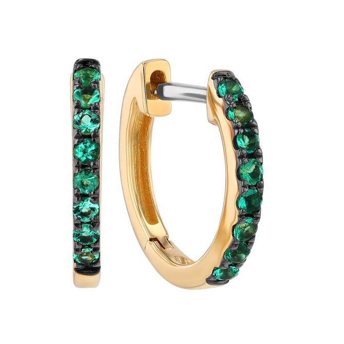 Emerald Huggie Hoop Earrings in Yellow Gold & Black Rhodium