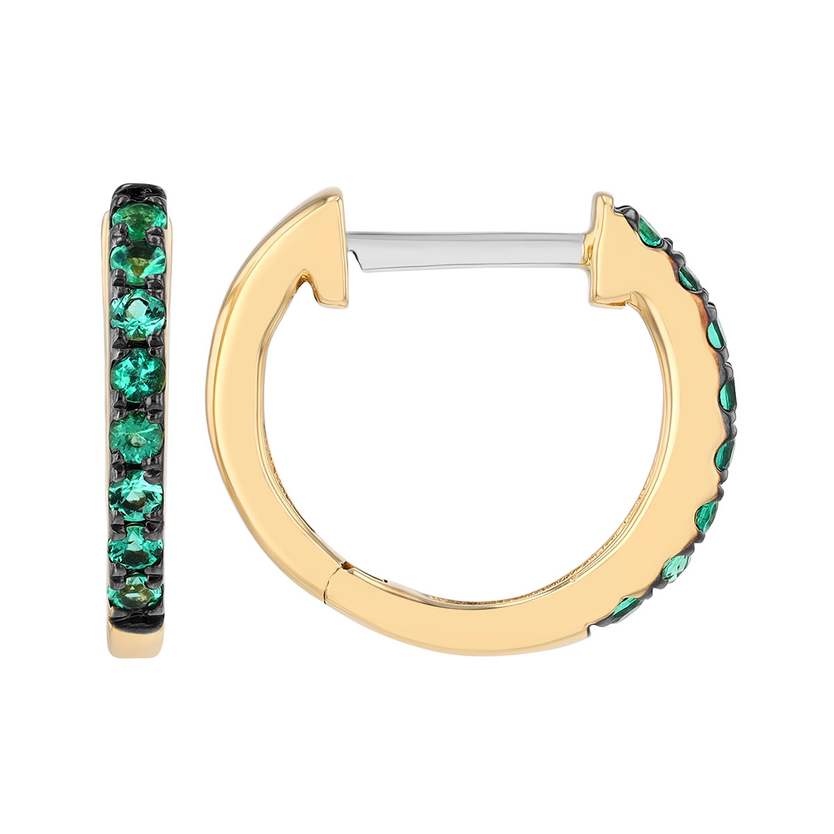 Emerald Huggie Hoop Earrings in Yellow Gold & Black Rhodium