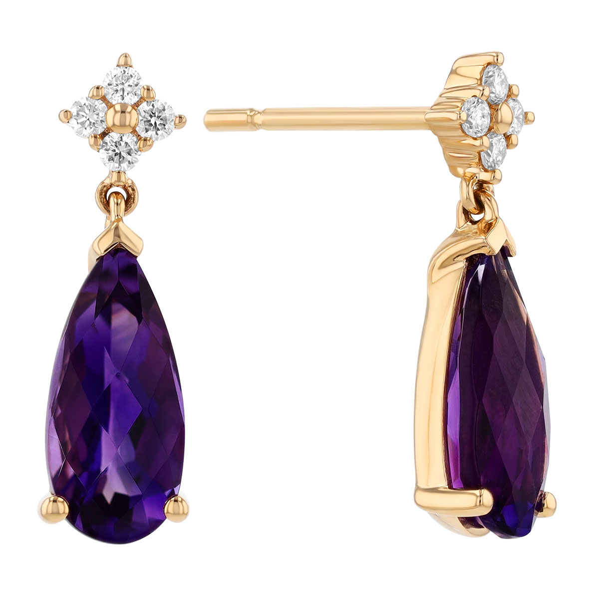 Pear Shape Amethyst & Diamond Cluster Dangle Earrings in Yellow Gold