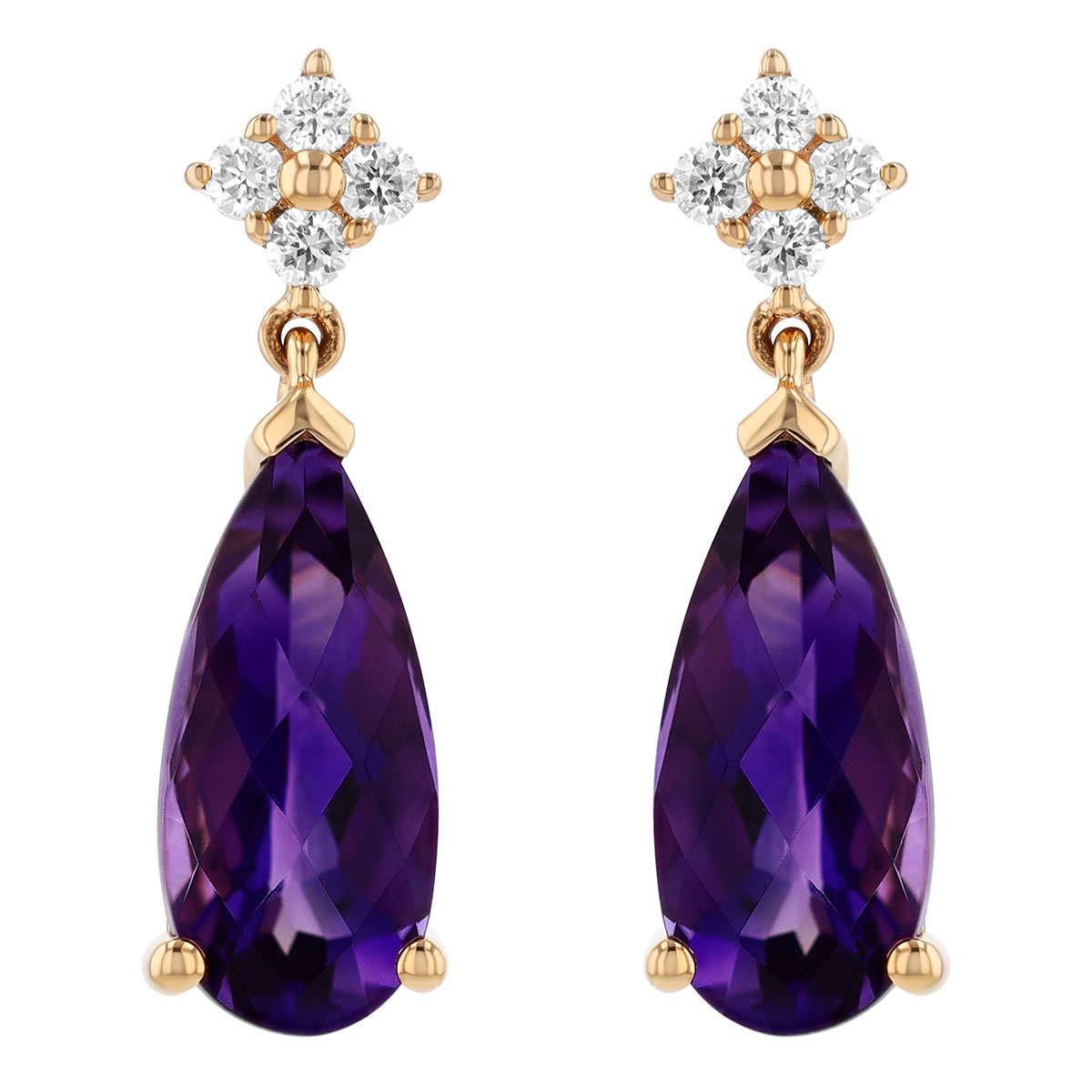 Pear Shape Amethyst & Diamond Cluster Dangle Earrings in Yellow Gold