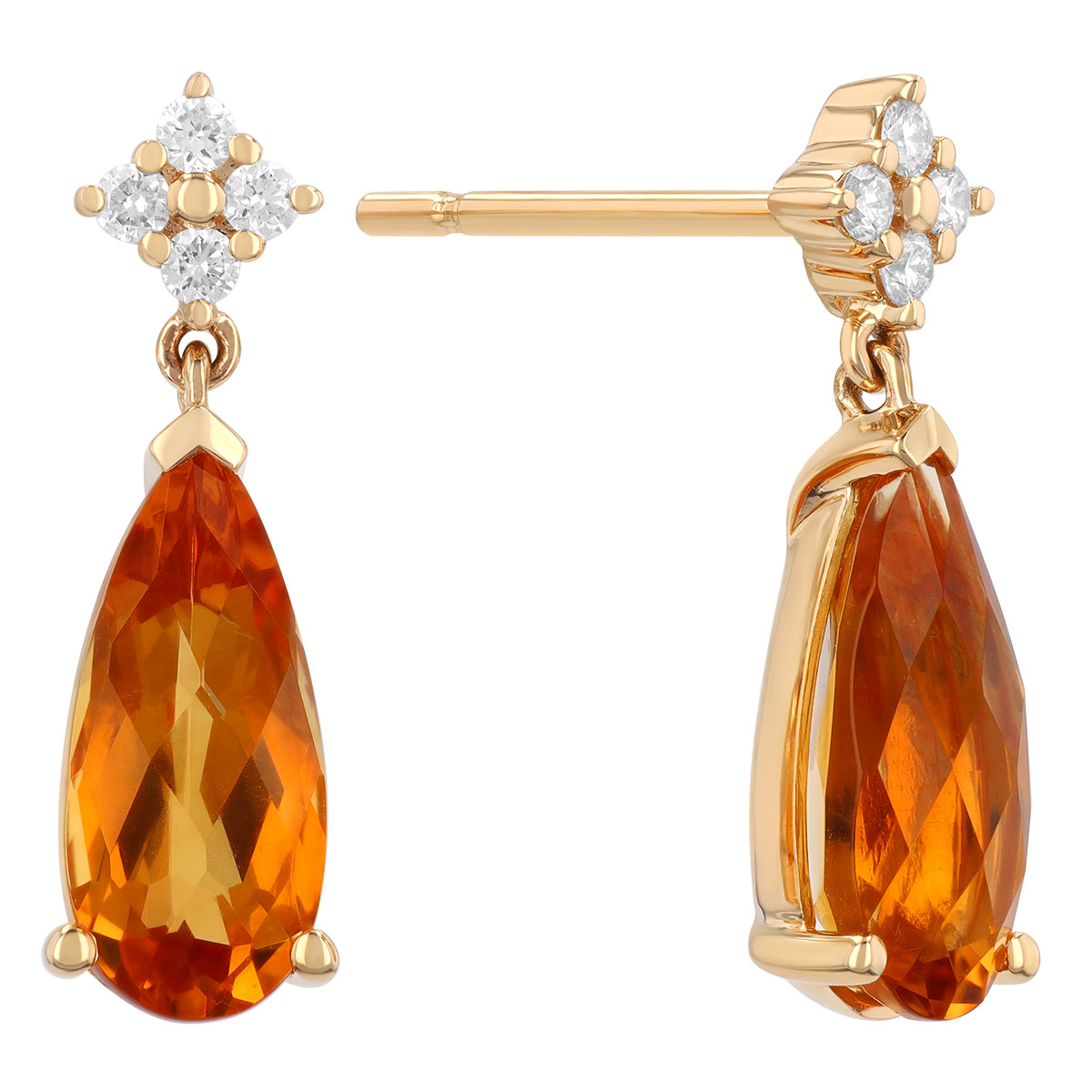 Pear Shape Citrine & Diamond Cluster Dangle Earrings in Yellow Gold