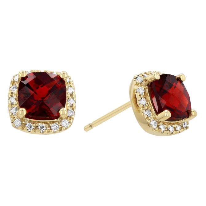 Cushion Checkerboard Garnet & Diamond Halo Stud Earrings in Yellow Gold