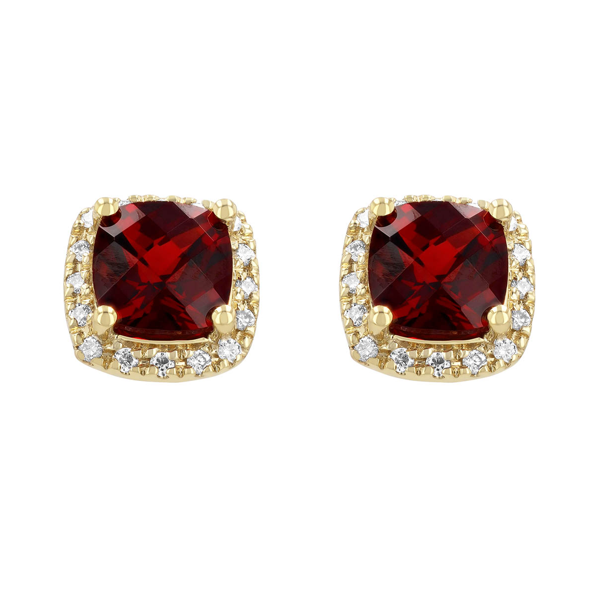Cushion Checkerboard Garnet & Diamond Halo Stud Earrings in Yellow Gold