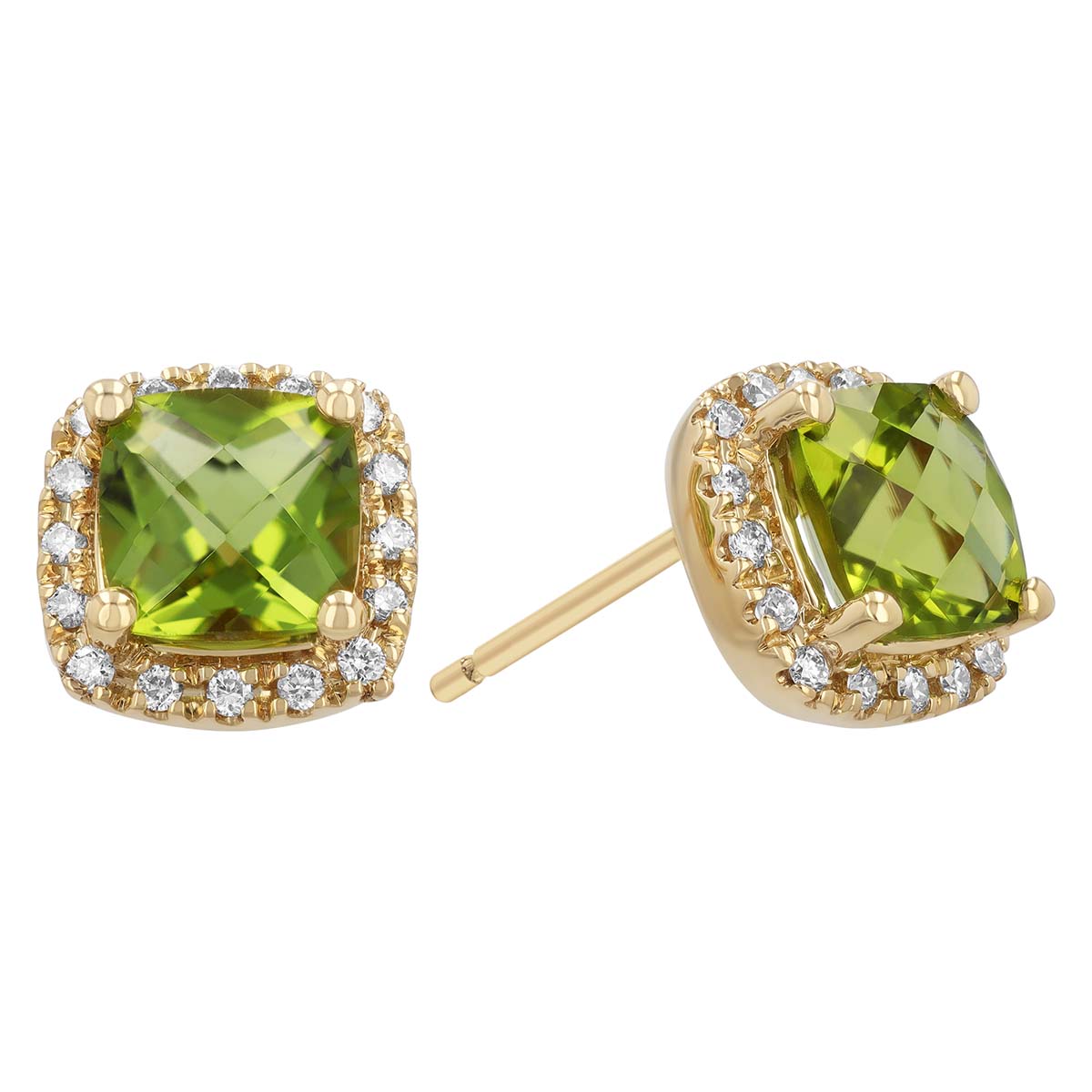 Cushion Checkerboard Peridot & Diamond Halo Stud Earrings in Yellow Gold