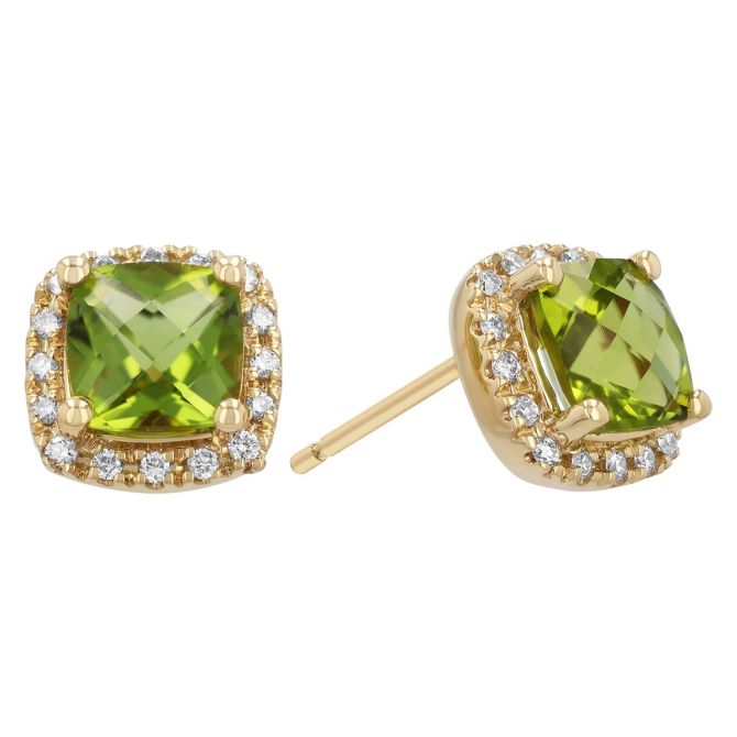 Cushion Checkerboard Peridot & Diamond Halo Stud Earrings in Yellow Gold