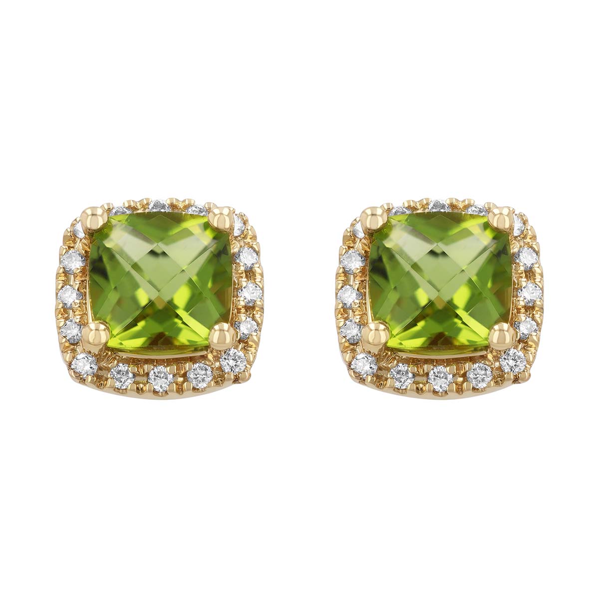 Cushion Checkerboard Peridot & Diamond Halo Stud Earrings in Yellow Gold