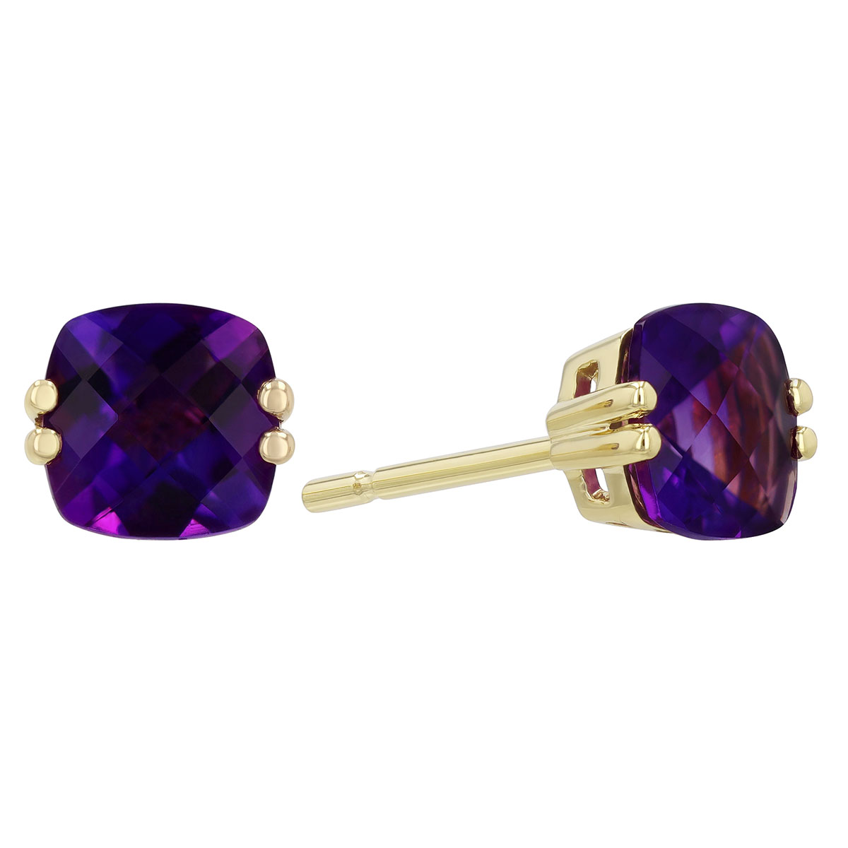 Cushion Checkerboard Amethyst Stud Earrings in Yellow Gold