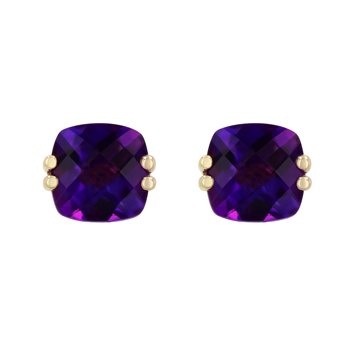Cushion Checkerboard Amethyst Stud Earrings in Yellow Gold