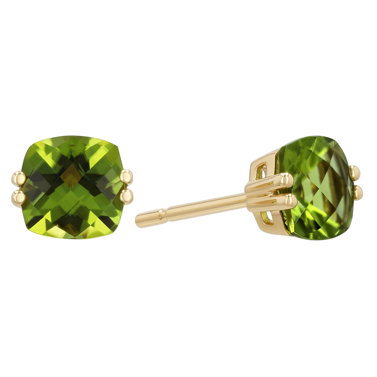 Cushion Checkerboard Peridot Stud Earrings in Yellow Gold