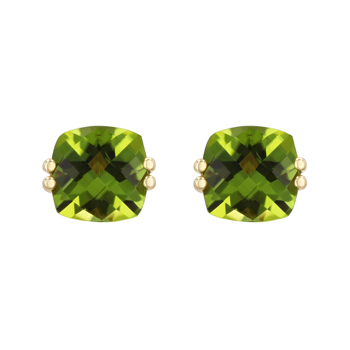 Cushion Checkerboard Peridot Stud Earrings in Yellow Gold