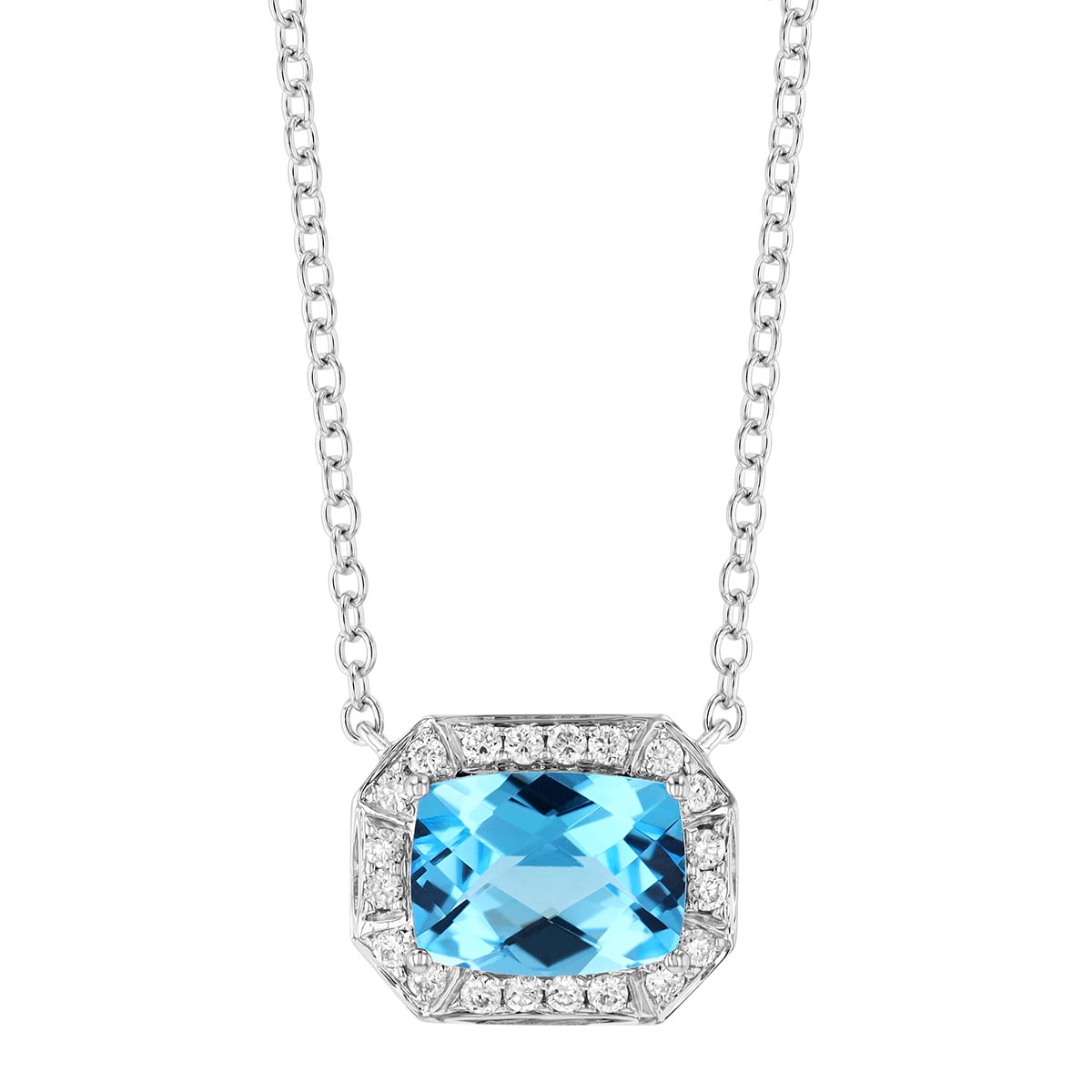 Cushion Checkerboard Light Blue Topaz & Diamond Halo Pendant in White Gold, 18