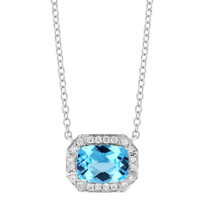 Cushion Checkerboard Light Blue Topaz & Diamond Halo Pendant in White Gold, 18"
