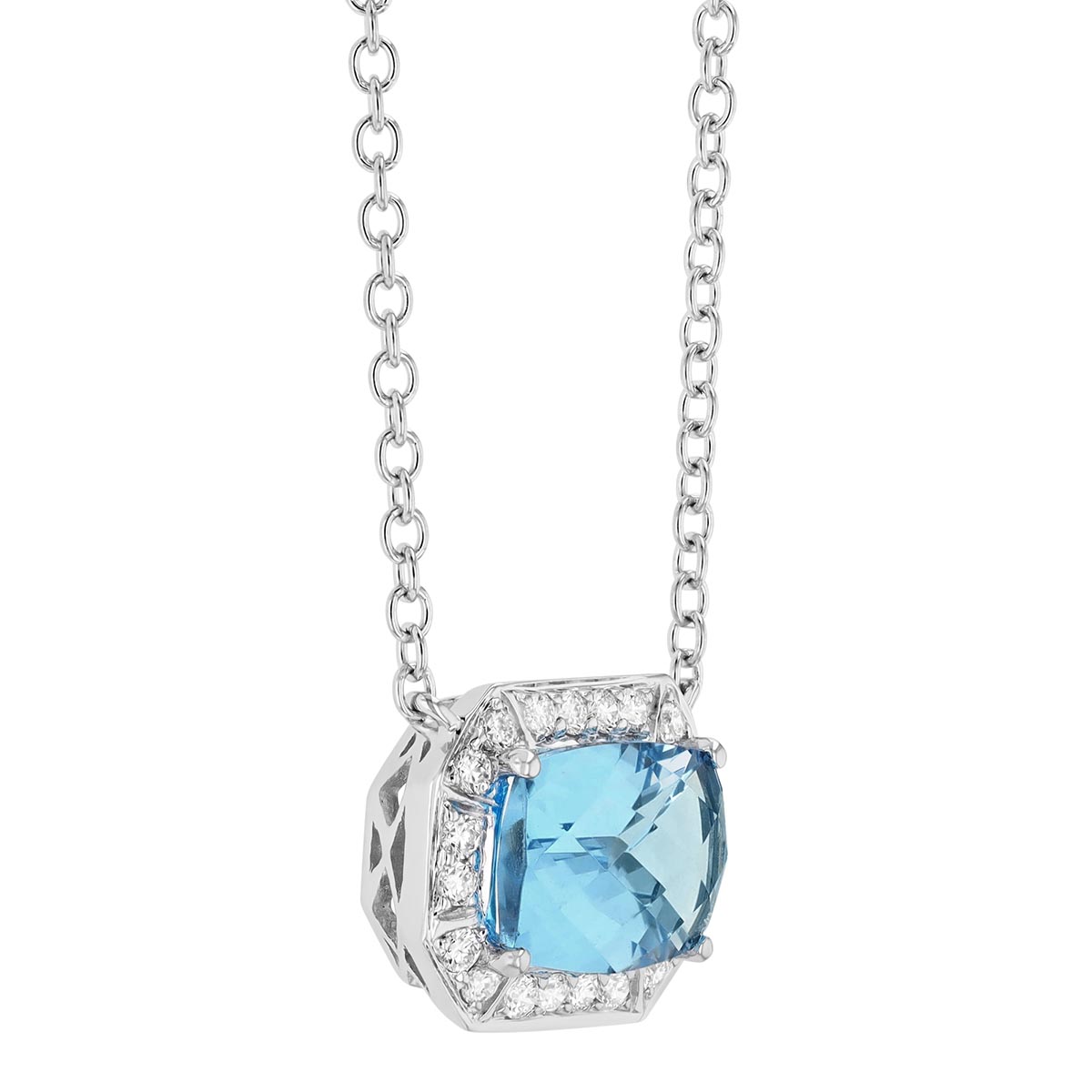 Cushion Checkerboard Light Blue Topaz & Diamond Halo Pendant in White Gold, 18