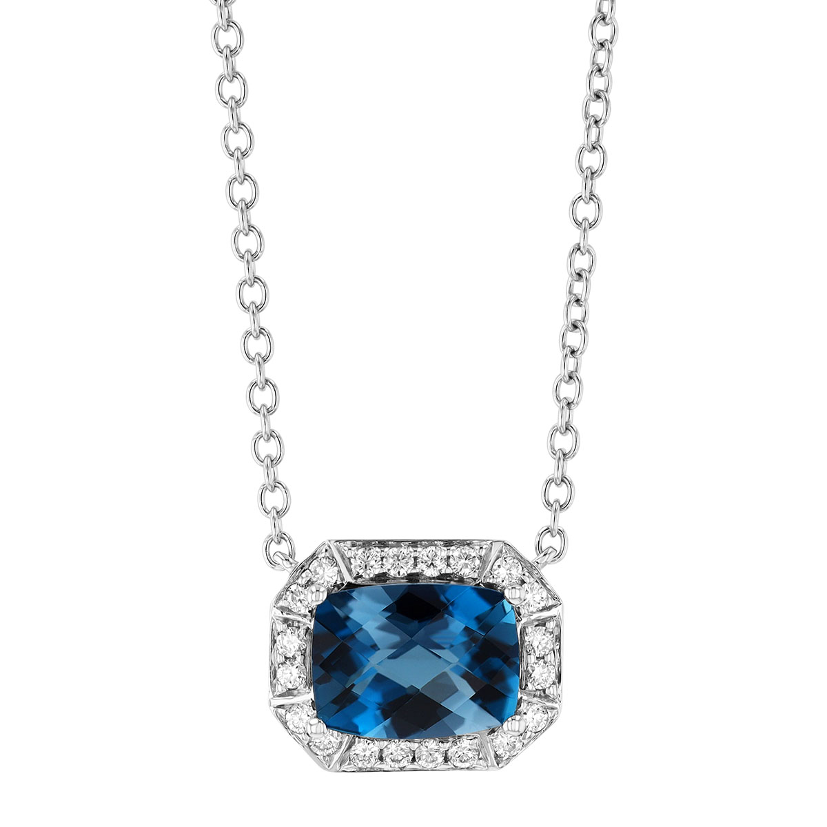 Cushion Checkerboard Dark Blue Topaz & Diamond Halo Pendant in White Gold, 18