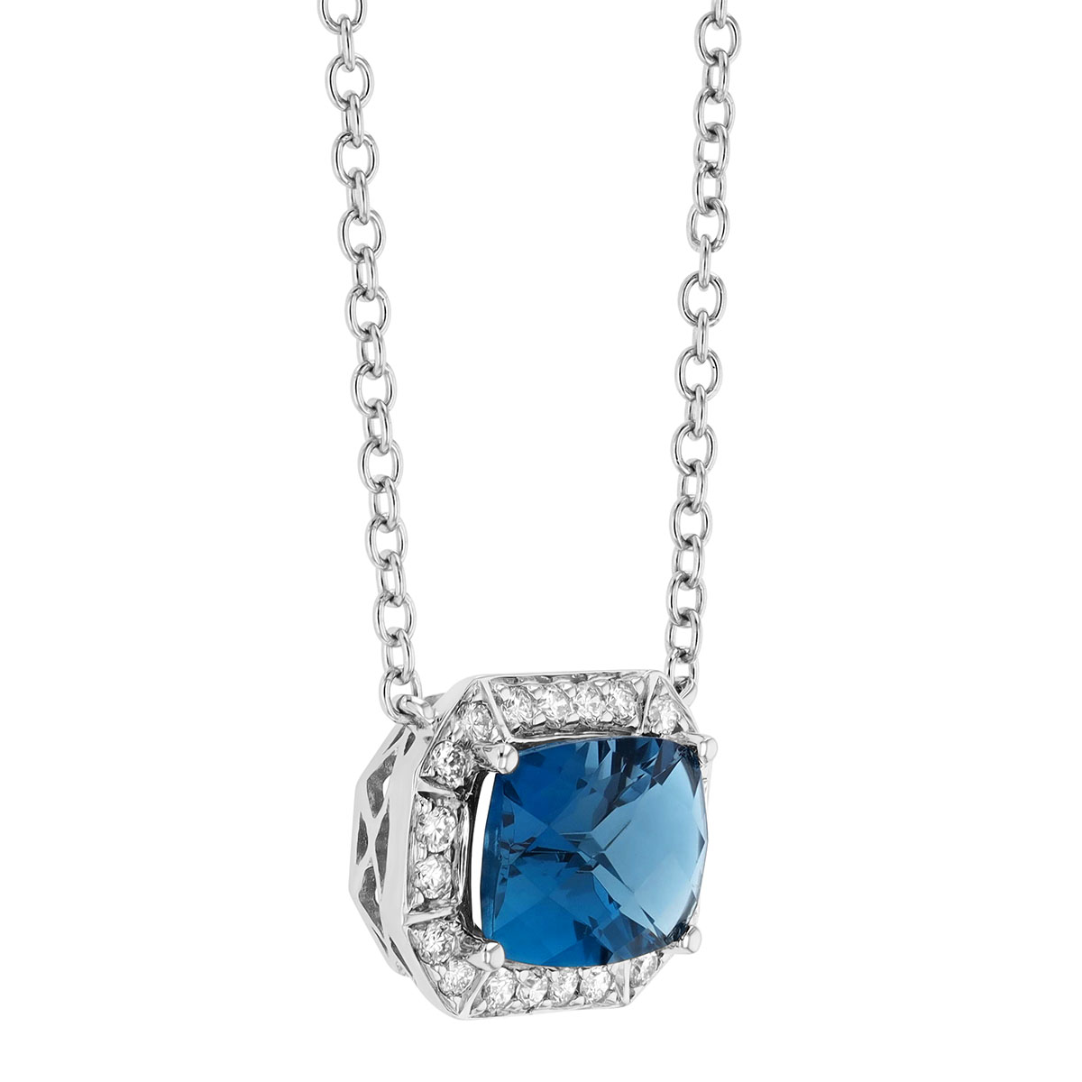 Cushion Checkerboard Dark Blue Topaz & Diamond Halo Pendant in White Gold, 18