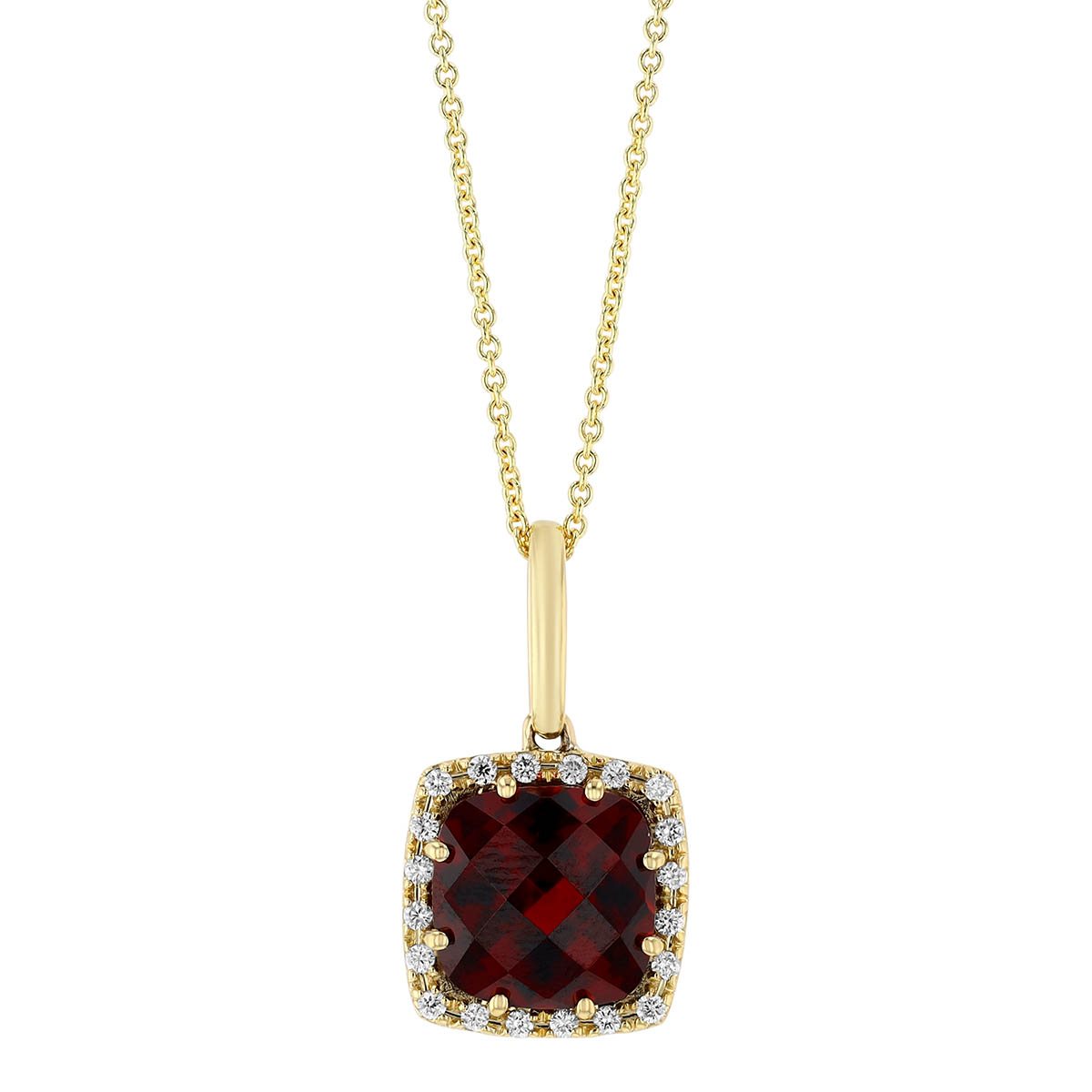 Cushion Checkerboard Garnet & Diamond Halo Pendant in Yellow Gold, 18