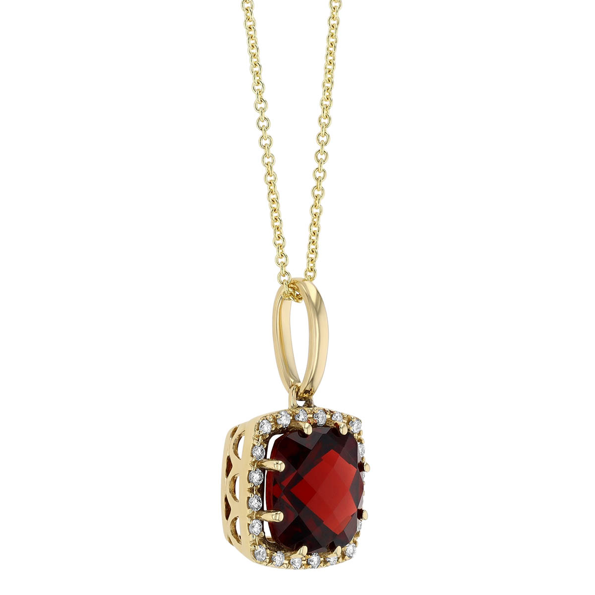 Cushion Checkerboard Garnet & Diamond Halo Pendant in Yellow Gold, 18