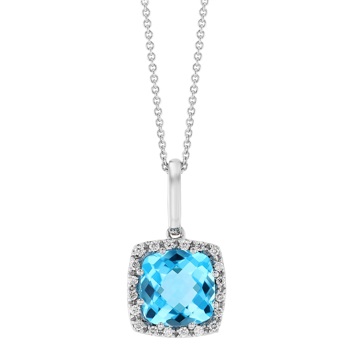 Cushion Checkerboard Topaz & Diamond Halo Pendant in White Gold, 18