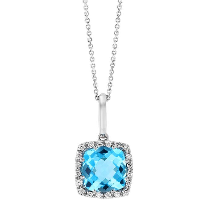 Cushion Checkerboard Topaz & Diamond Halo Pendant in White Gold, 18"