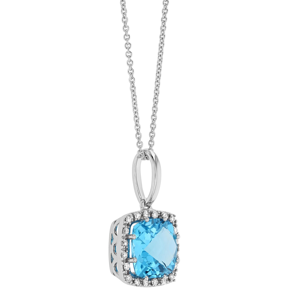 Cushion Checkerboard Topaz & Diamond Halo Pendant in White Gold, 18