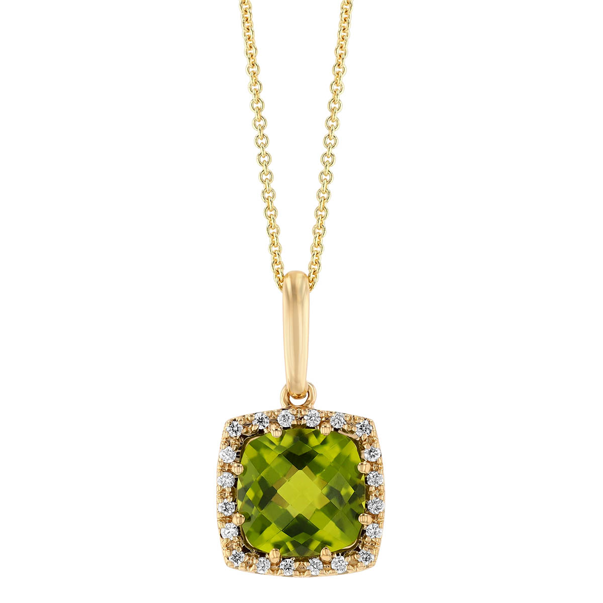 Cushion Checkerboard Peridot & Diamond Halo Pendant in Yellow Gold, 18