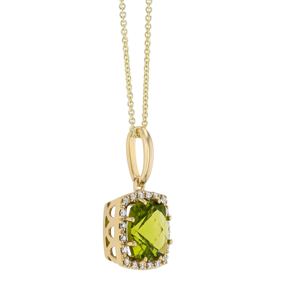 Cushion Checkerboard Peridot & Diamond Halo Pendant in Yellow Gold, 18