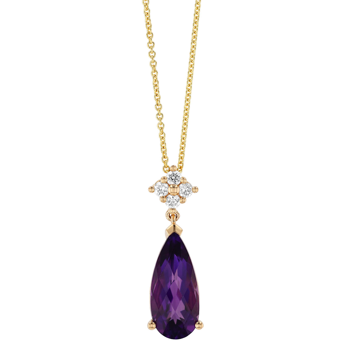 Pear Shape Amethyst & Diamond Cluster Pendant in Yellow Gold, 18
