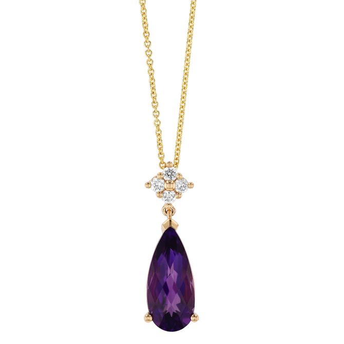 Pear Shape Amethyst & Diamond Cluster Pendant in Yellow Gold, 18"