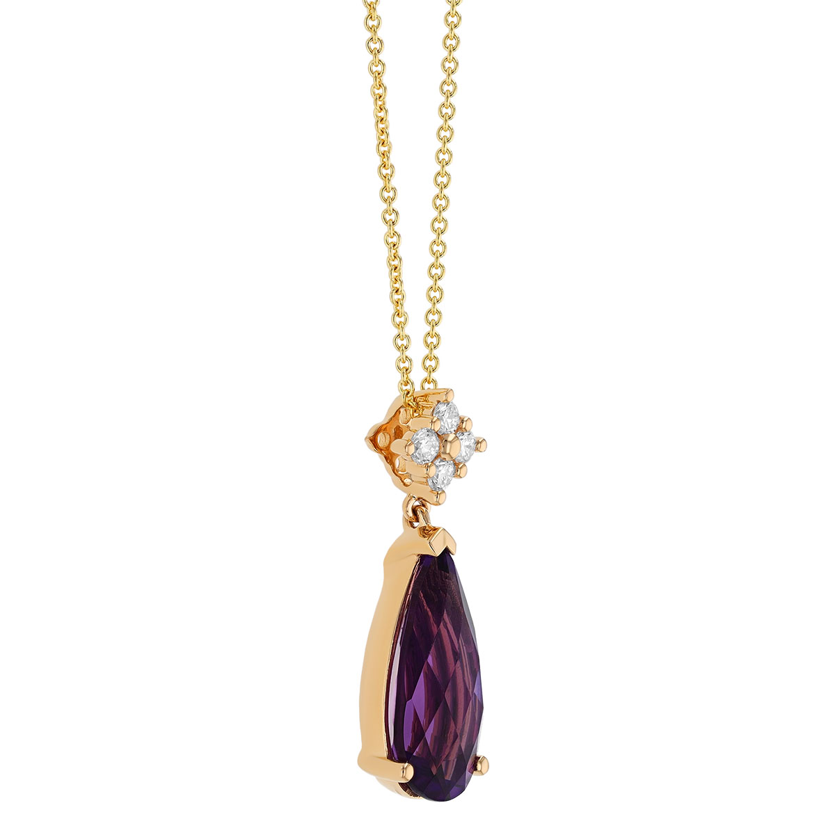 Pear Shape Amethyst & Diamond Cluster Pendant in Yellow Gold, 18