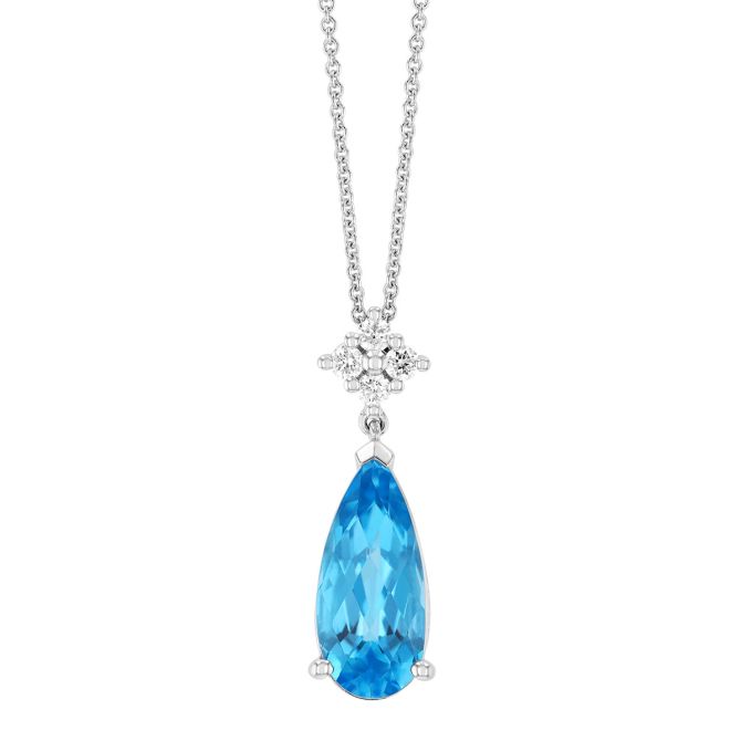 Pear Shape Topaz & Diamond Cluster Pendant in White Gold, 18"