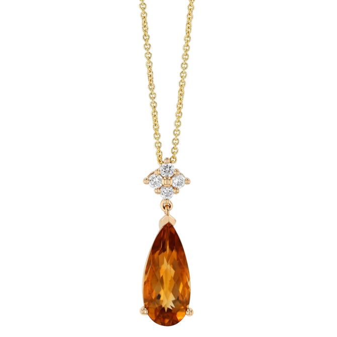 Pear Shape Citrine & Diamond Cluster Pendant in Yellow Gold, 18"