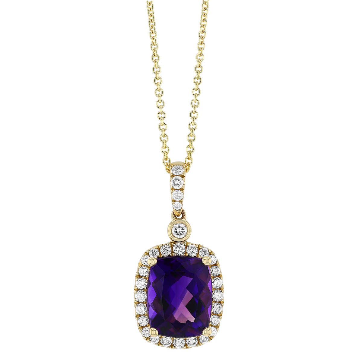 Cushion Cut Amethyst & Diamond Halo Pendant in Yellow Gold, 18