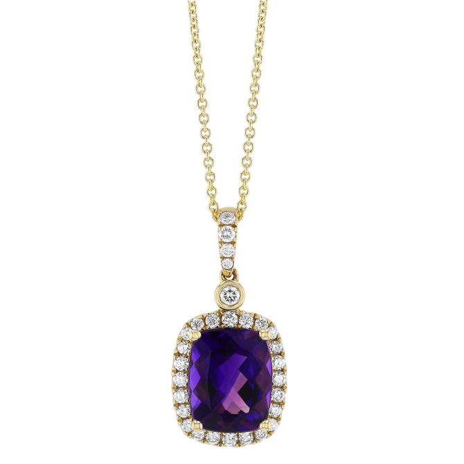 Cushion Cut Amethyst & Diamond Halo Pendant in Yellow Gold, 18"