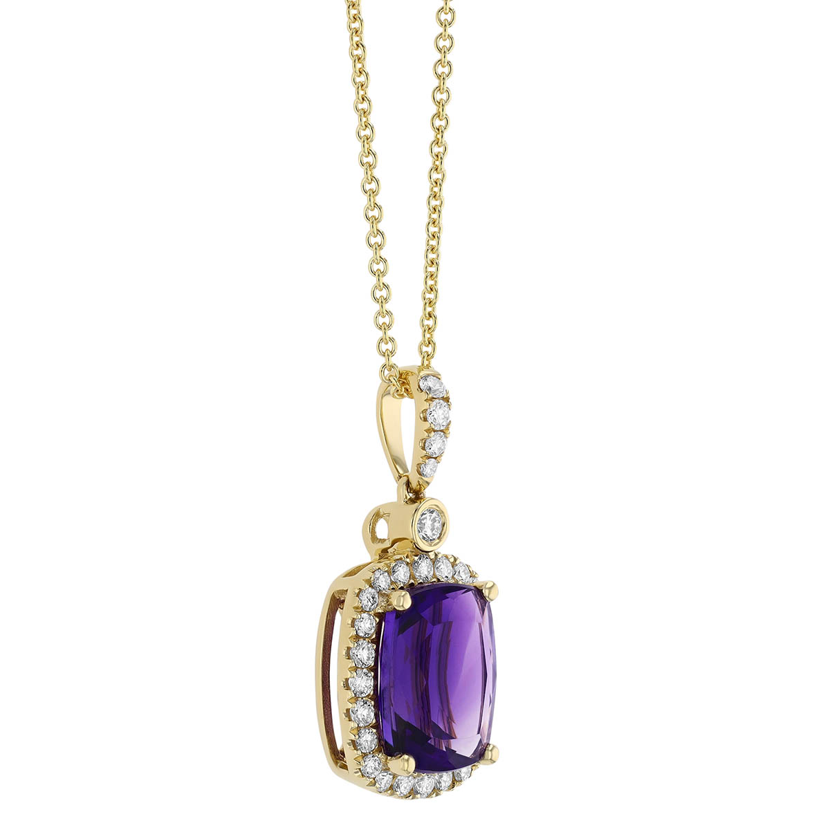 Cushion Cut Amethyst & Diamond Halo Pendant in Yellow Gold, 18