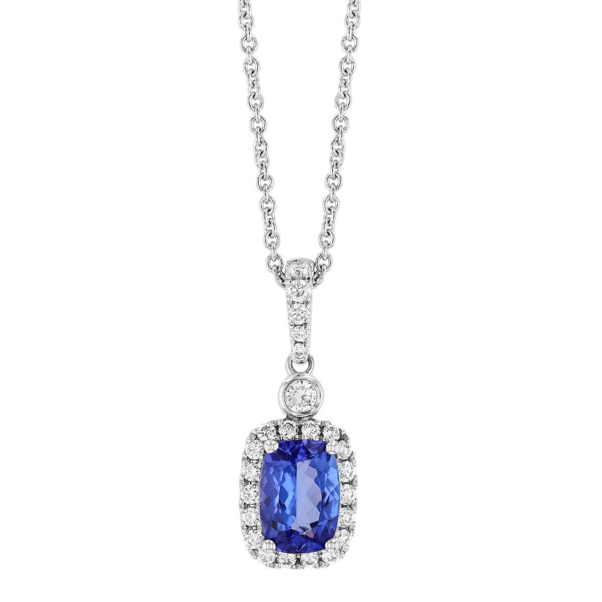 Cushion Cut Tanzanite & Diamond Halo Pendant in White Gold, 18