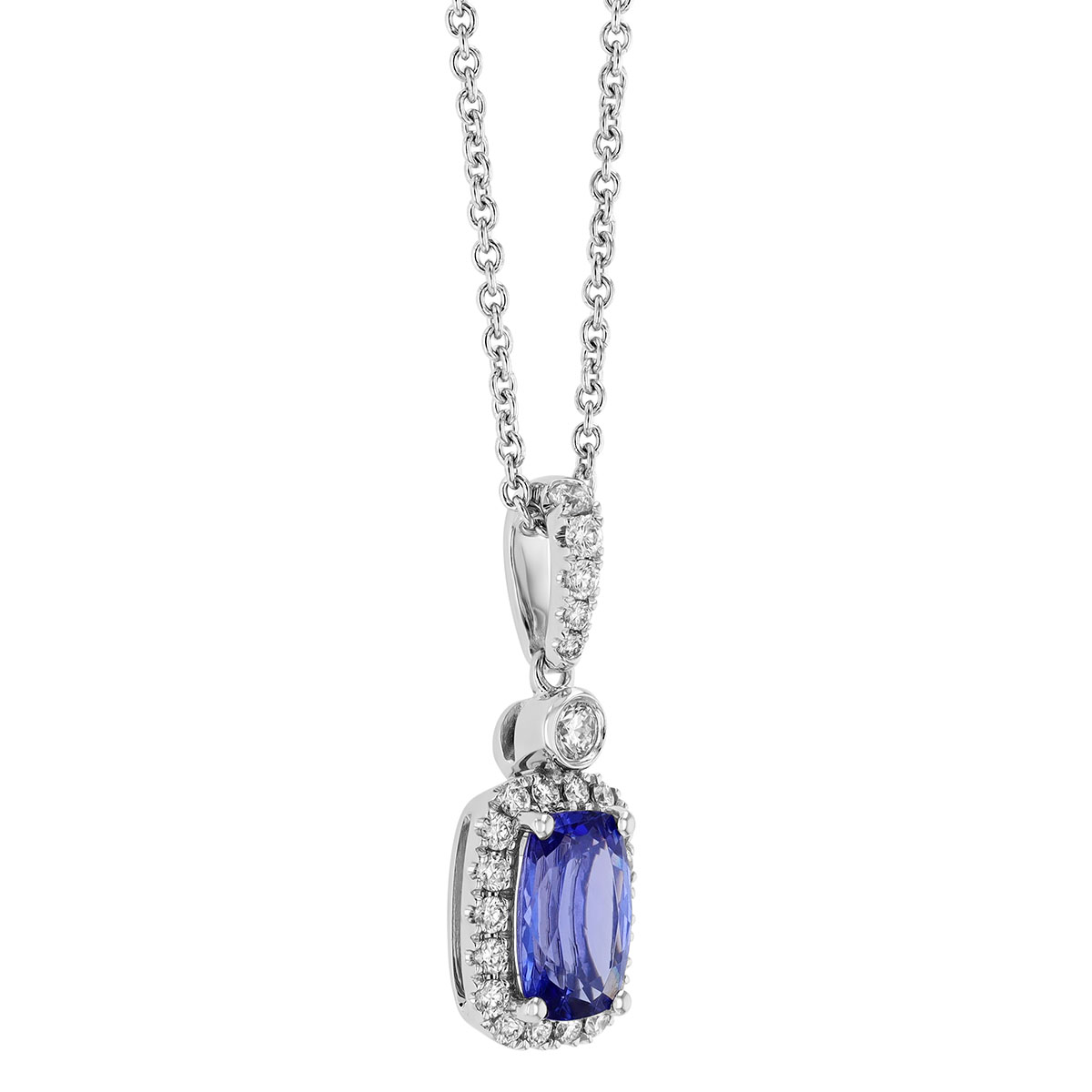 Cushion Cut Tanzanite & Diamond Halo Pendant in White Gold, 18