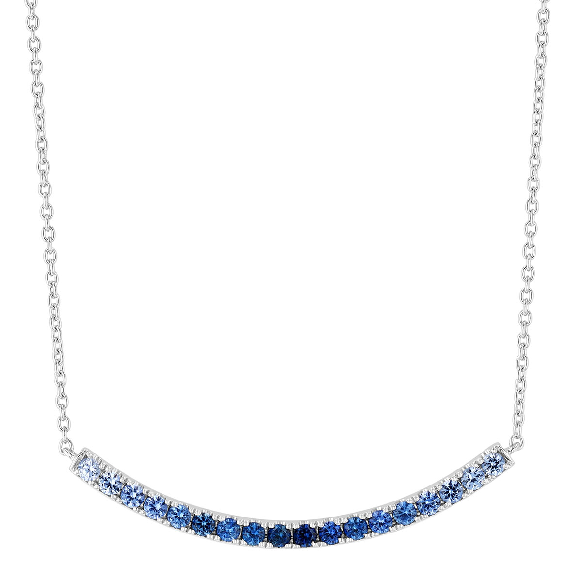 Ombre Sapphire Curved Bar Necklace in White Gold, 18