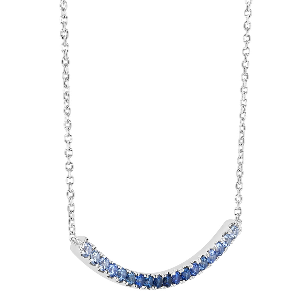 Ombre Sapphire Curved Bar Necklace in White Gold, 18