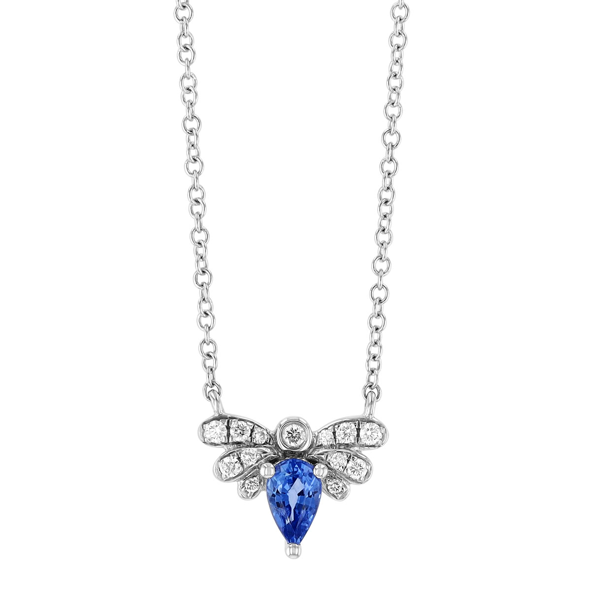 Pear Shape Sapphire & Diamond Bee Pendant in White Gold, 18