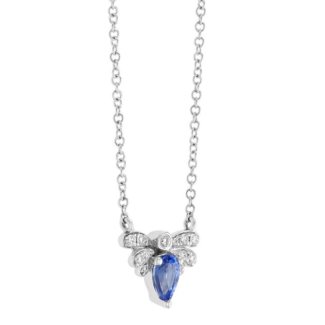 Pear Shape Sapphire & Diamond Bee Pendant in White Gold, 18"